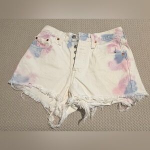 Levi's 501 White Denim Tie-Dye Frayed Hem Button Fly Shorts